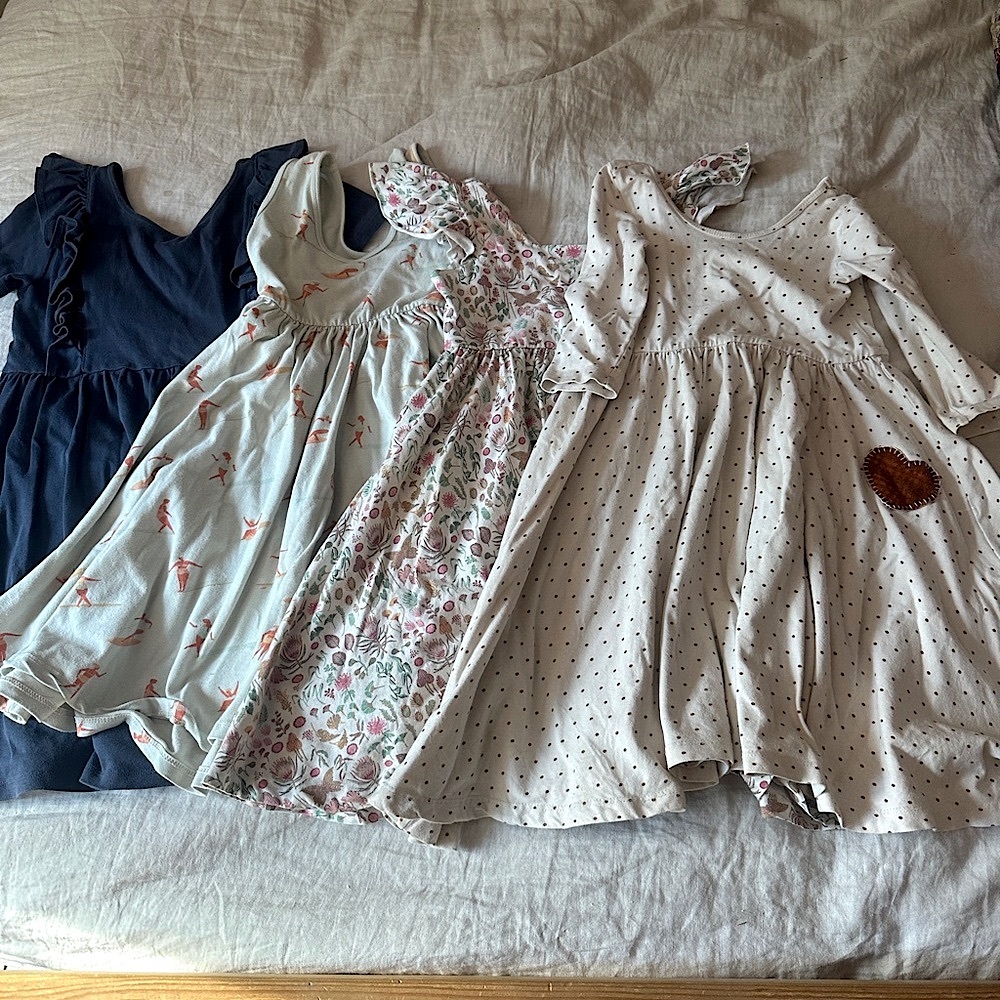 Alice + Ames Twirly Play Dress Bundle of 4- Blue, Cream, and Floral Designs